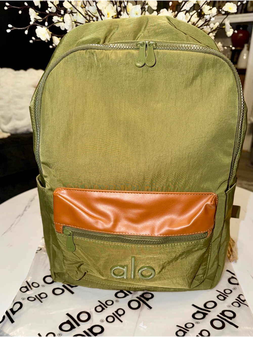 ALO Yoga Olive Green Backpack with Tan Pocket Accent - Picture 2 of 13